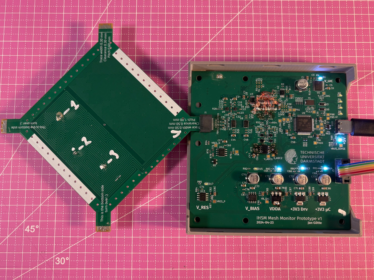 A PCB with several chips sitting on a table with another PCB
    with only traces on it plugged in through a board-edge connector. The first PCB looks not very complex.